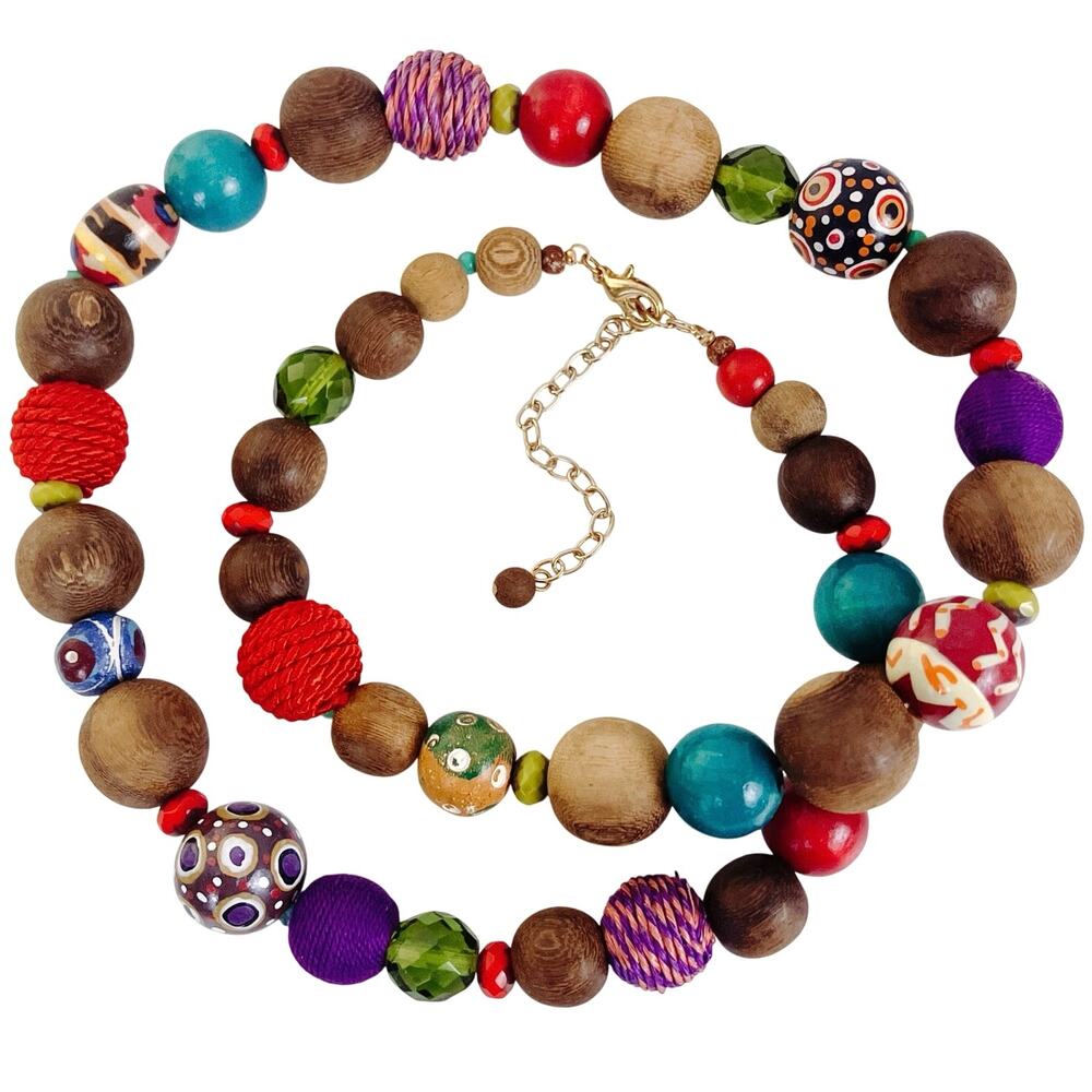 Colorful Chunky Painted Wood Bead Global Style Necklace Boho Bold Folk Graziano?